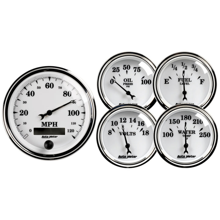 5 PC. GAUGE KIT 3-3/8 In. &amp; 2-1/16 In.  ELEC. SPEEDOMETER OLD TYME WHITE II