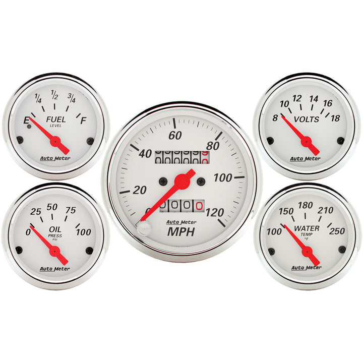 5 PC. GAUGE KIT 3-1/8 In. &amp; 2-1/16 In.  MECH. SPEEDOMETER ARCTIC WHITE