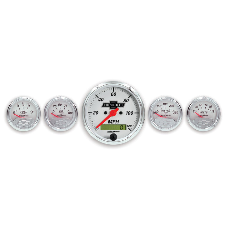 5 PC. GAUGE KIT 3-1/8 In. &amp; 2-1/16 In.  ELEC. SPEEDO. CHEVROLET HERITAGE BOWTIE