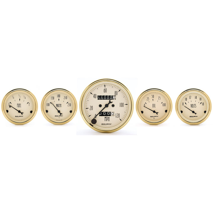 5 PC. GAUGE KIT 3-1/8 In. &amp; 2-1/16 In.  MECH. SPEEDOMETER GOLDEN OLDIES