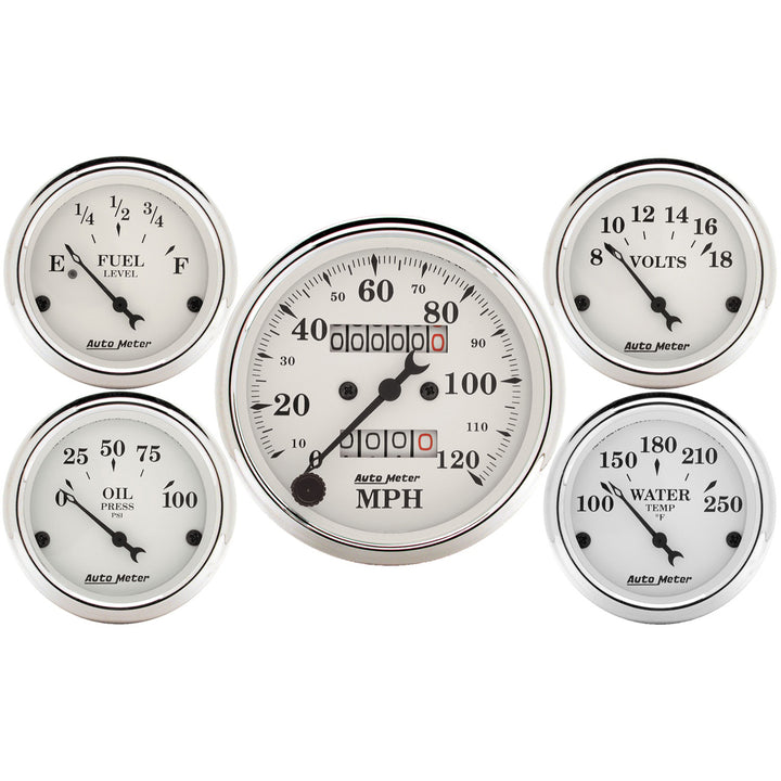 5 PC. GAUGE KIT 3-1/8 In. &amp; 2-1/16 In.  MECH. SPEEDOMETER OLD TYME WHITE