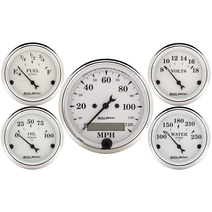 5 PC. GAUGE KIT 3-1/8 In. &amp; 2-1/16 In.  ELEC. SPEEDOMETER OLD TYME WHITE