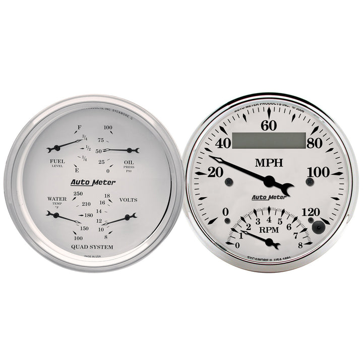 2 PC. GAUGE KIT 3-3/8 In. QUAD &amp; TACH/SPEEDO 240-33 O OLD TYME WHITE