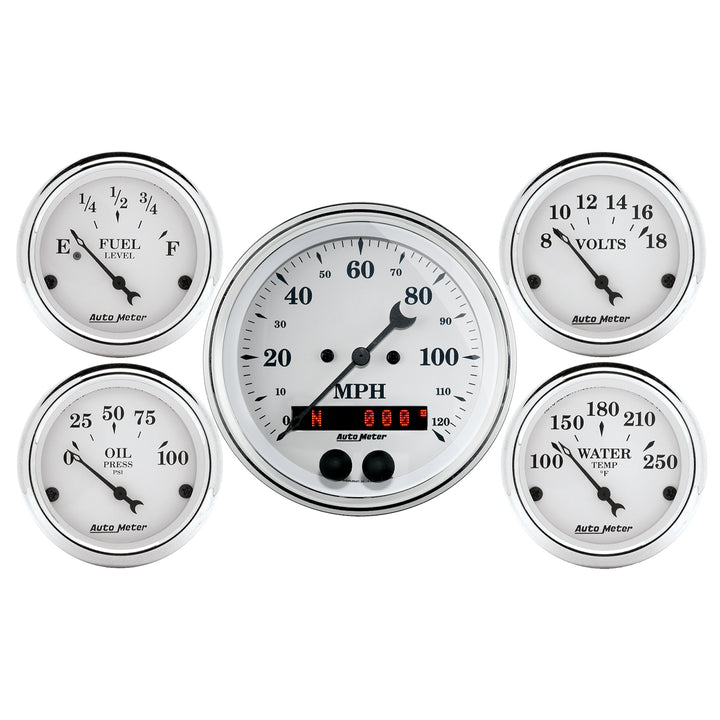 5 PC. GAUGE KIT 3-3/8 In. &amp; 2-1/16 In.  GPS SPEEDOMETER OLD TYME WHITE
