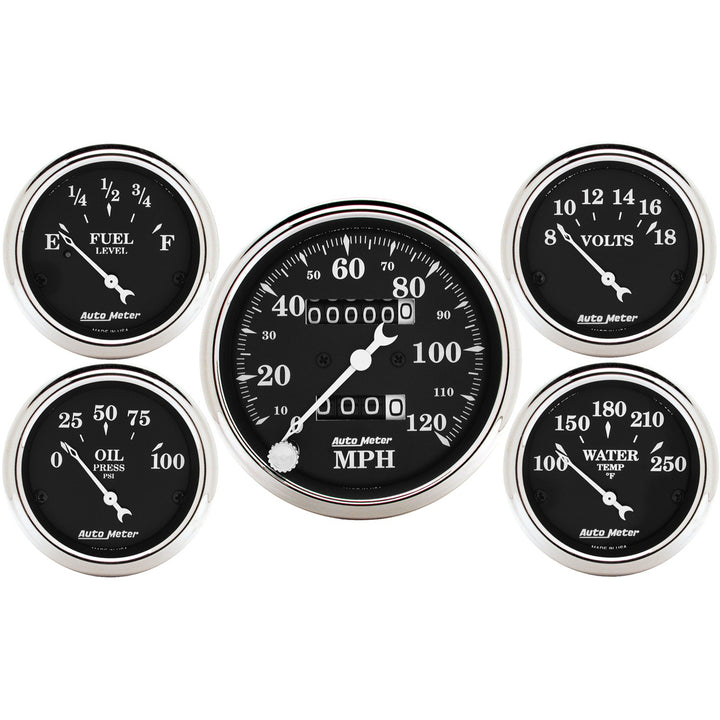 5 PC. GAUGE KIT 3-1/8 In. &amp; 2-1/16 In.  MECH. SPEEDOMETER OLD TYME BLACK