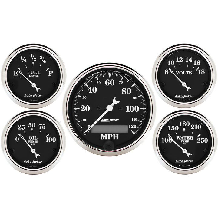 5 PC. GAUGE KIT 3-1/8 In. &amp; 2-1/16 In.  ELEC. SPEEDOMETER OLD TYME BLACK