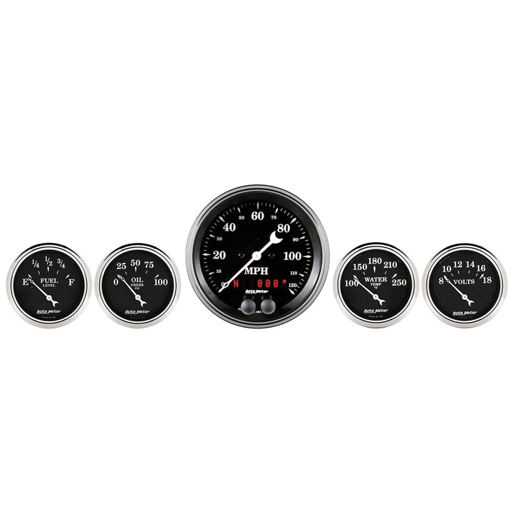 5 PC. GAUGE KIT 3-3/8 In. &amp; 2-1/16 In.  GPS SPEEDOMETER OLD TYME BLACK