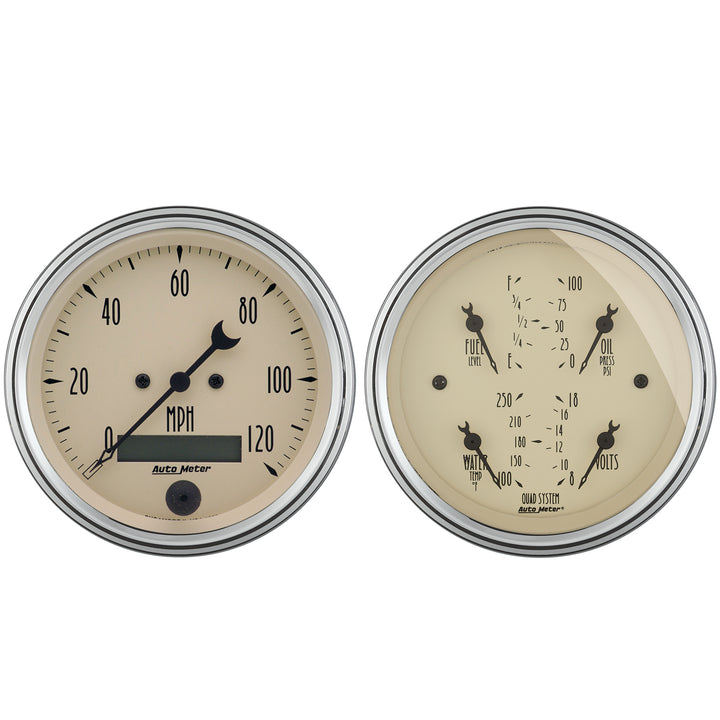 2 PC. GAUGE KIT 3-3/8 In. QUAD &amp; SPEEDOMETER 240-33 O ANTIQUE BEIGE