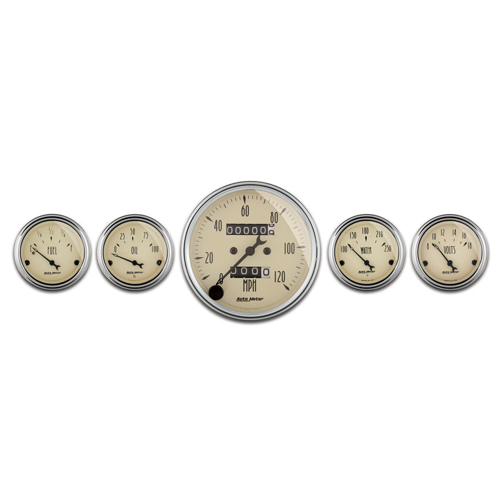 5 PC. GAUGE KIT 3-1/8 In. &amp; 2-1/16 In.  MECH. SPEEDOMETER ANTIQUE BEIGE