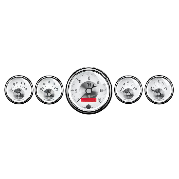 5 PC. GAUGE KIT 3-3/8 In. &amp; 2-1/16 In.  ELEC. SPEEDO W/ LCD ODO PRESTIGE PEARL