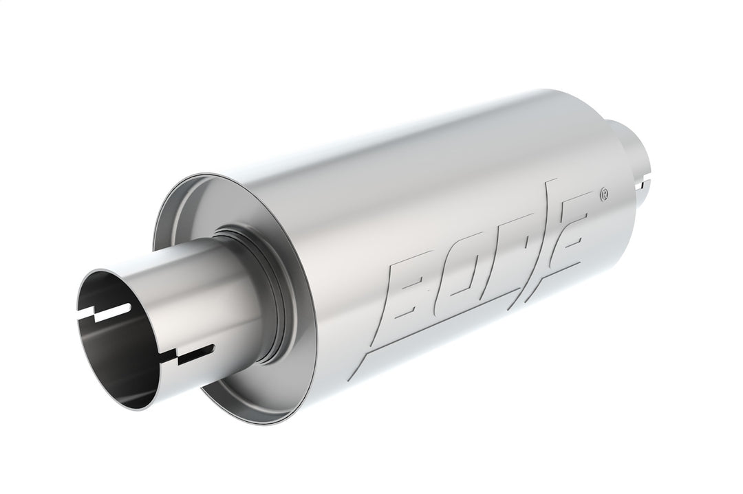 Specialty Muffler InS-Typein 2.5in Center Inlet/ 2.5in Center Outlet 5in Round X 10in Long Body Notched Necks