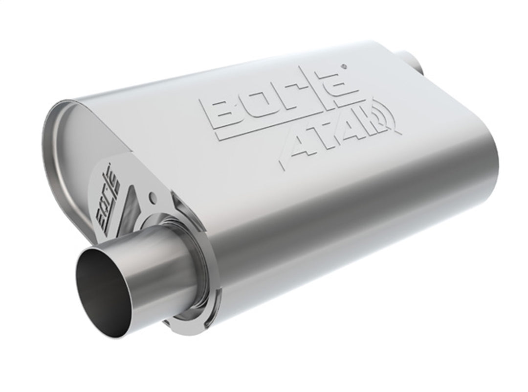 CrateMuffler Muffler Ford Small Block 289/ 302/ 351W CID V8 High Output &amp; Big Block 390/ 427/ 428/ 460 CID V8 Moderate Output FE Series 2.5 In. Offset Inlet/ 2.5 In. Offset Outlet ATAK