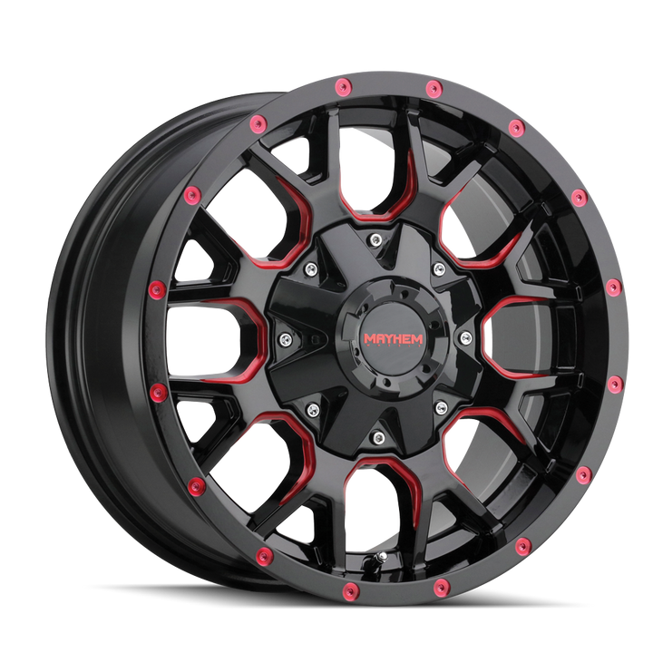 MAYHEM WARRIOR 8015 GLOSS BLACK MILLED PRISM RED 20X9 6-135/6-139.7 0MM 106MM