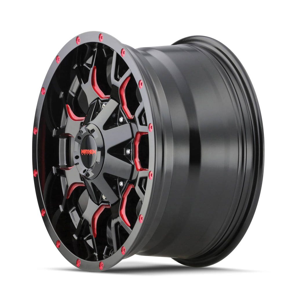 MAYHEM WARRIOR 8015 GLOSS BLACK MILLED PRISM RED 20X9 6-135/6-139.7 18MM 106MM
